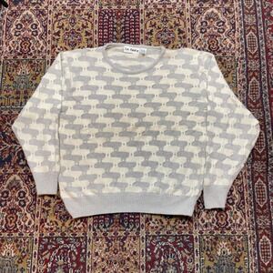 VTG 80s la lady Womens 3d Knit Silk Blend Sweater Cream Gray Pattern Crew Neck L